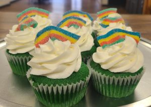 st patricks day green cupcakes with rainbows